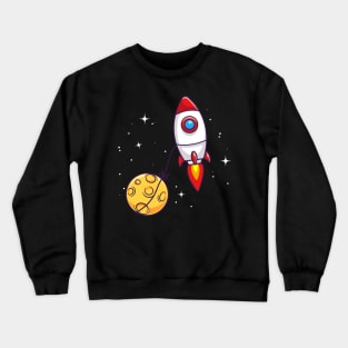 Rocket Flying With Moon In Space Cartoon Crewneck Sweatshirt